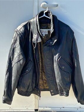 Vintage Pelle Studio Black GENUINE LEATHER Bomber Jacket with Buckle Collar